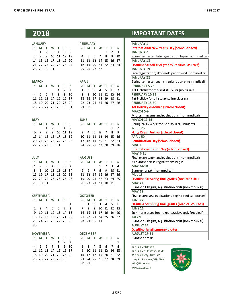 Ttu 2022 23 Calendar Academic Calendar | Tan Tao University