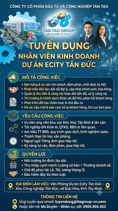Công ty Cổ Phần Đầu Tư và Công Nghiệp Tân Tạo tuyển dụng Nhân viên kinh doanh Dự án Ecity Tân Đức 1 Banner tuyen dung sales ecity 1